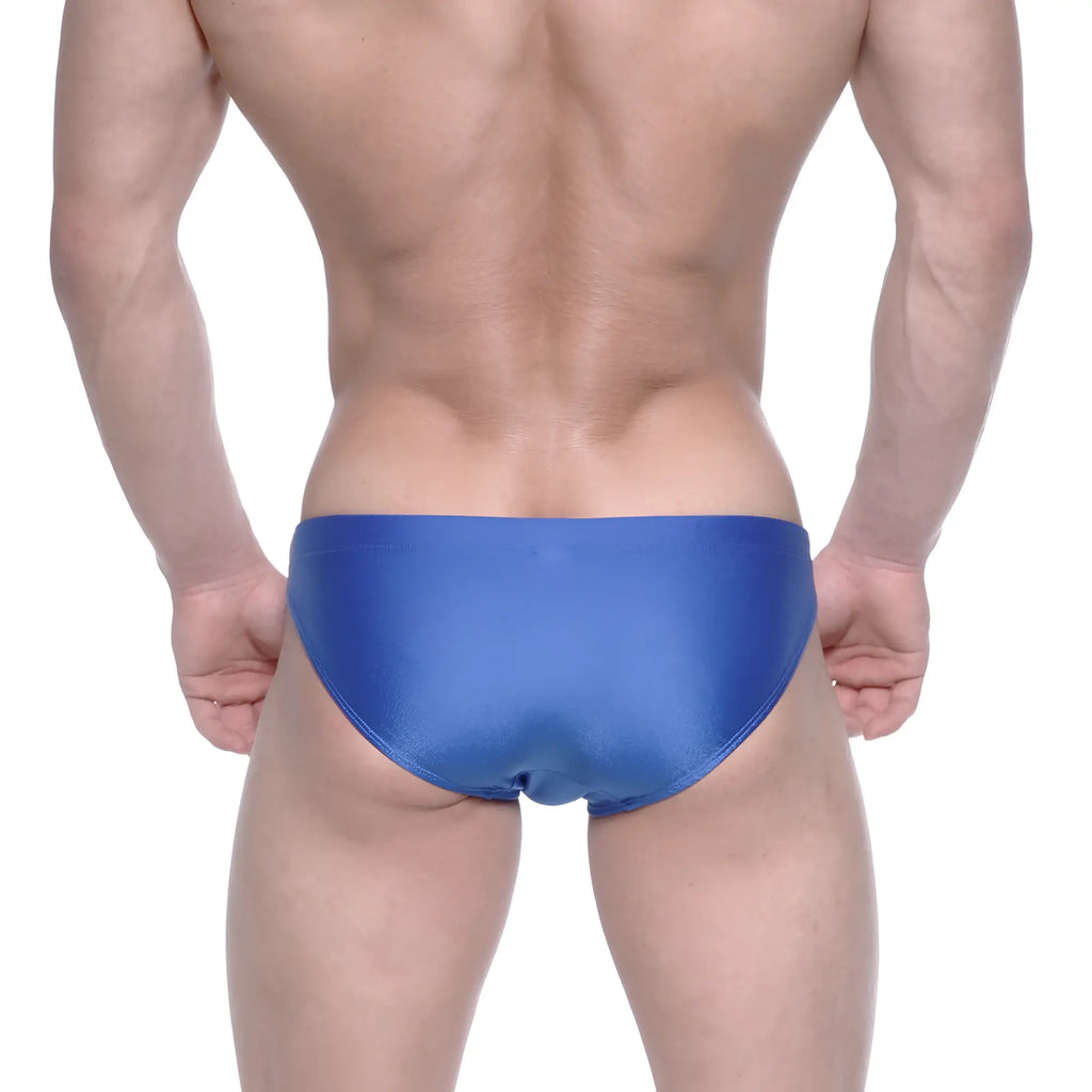 Metro malewear ultimo bikini swim trunks in royal blue satin featuring a sleek and smooth finish