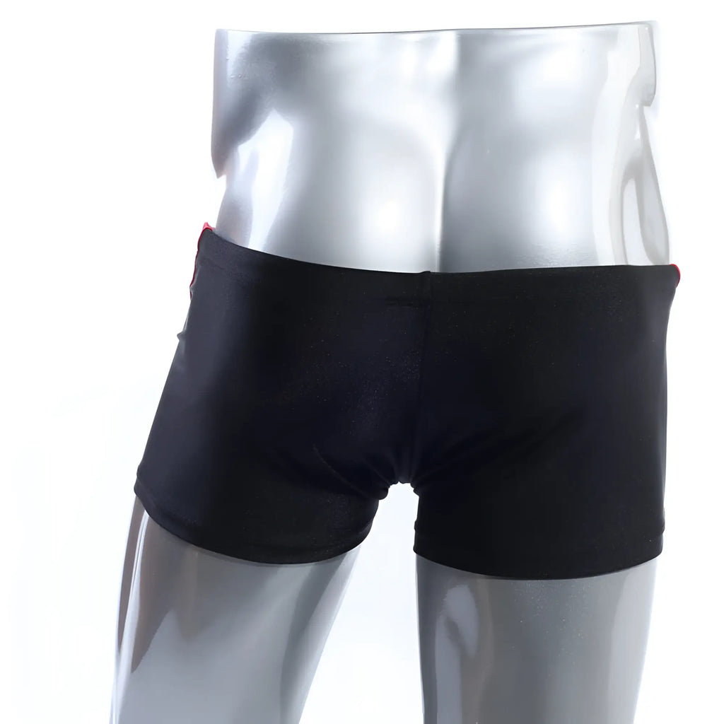 MetroMaleWear ultra square cut swim trunks in black with red side trim designed for comfortable swimming