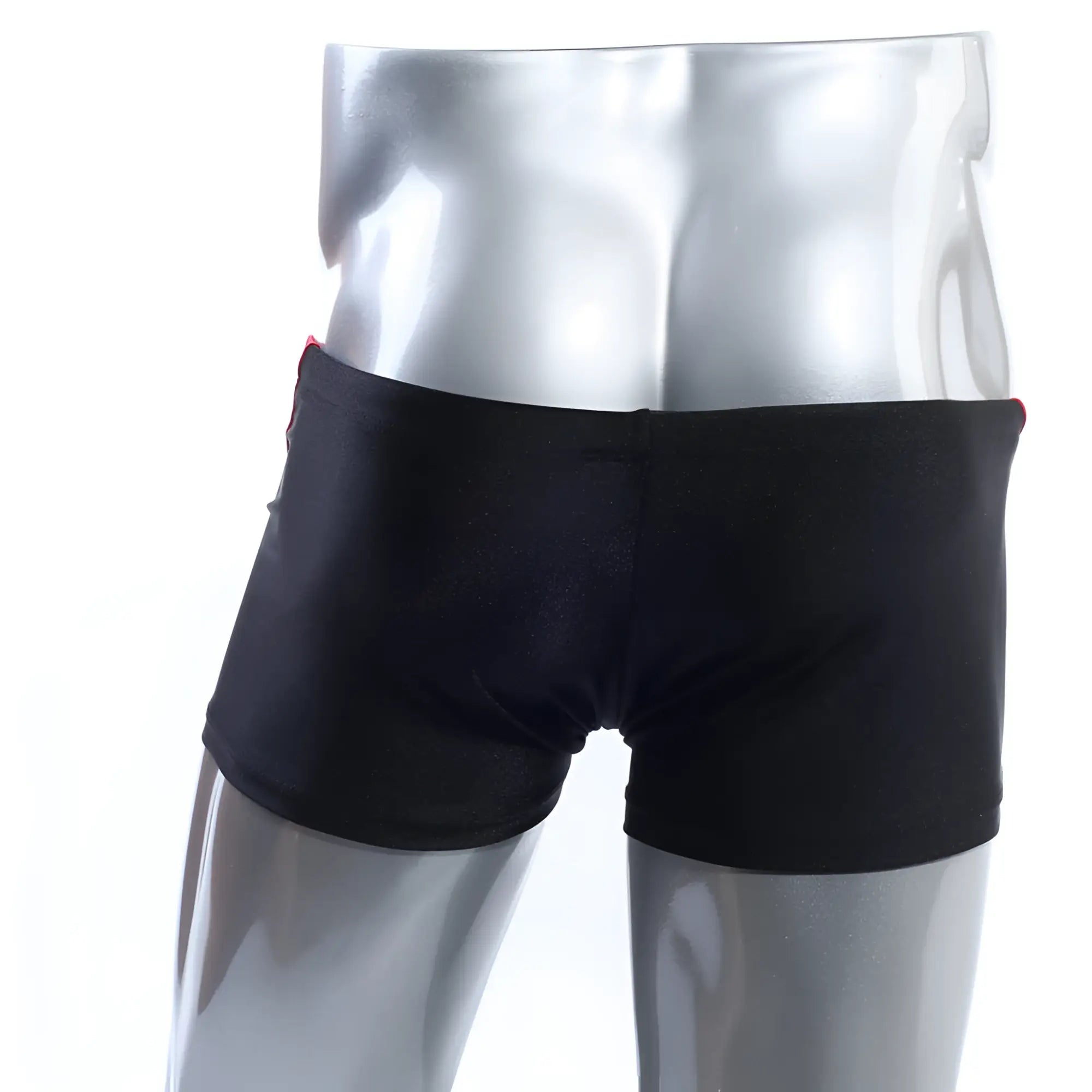 MetroMaleWear ultra square cut swim trunks in black with red side trim designed for comfortable swimming