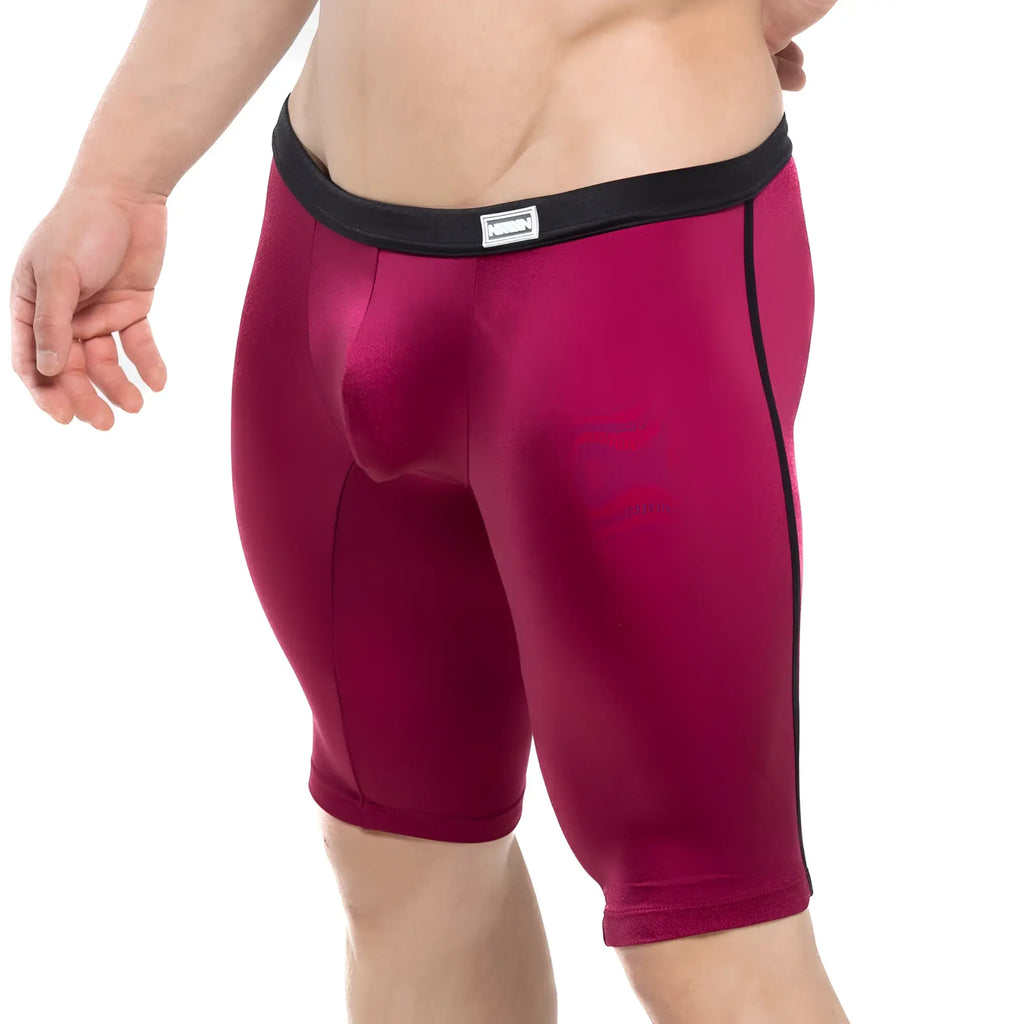 MetroMaleWear university biker burgundy athletic shorts with black elastic waistband and side seam trim