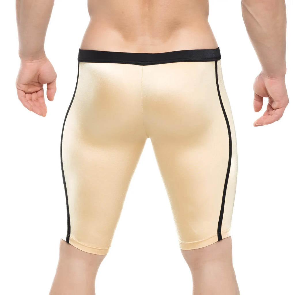 Beige metallic athletic shorts with black trim from MetroMaleWear university biker gold 4020-21 for active wear