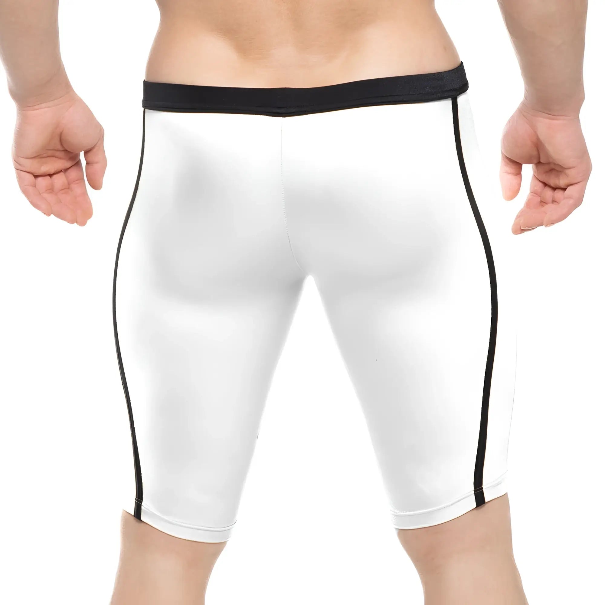 MetroMaleWear University Biker white athletic shorts with black side stripes and black elastic waistband