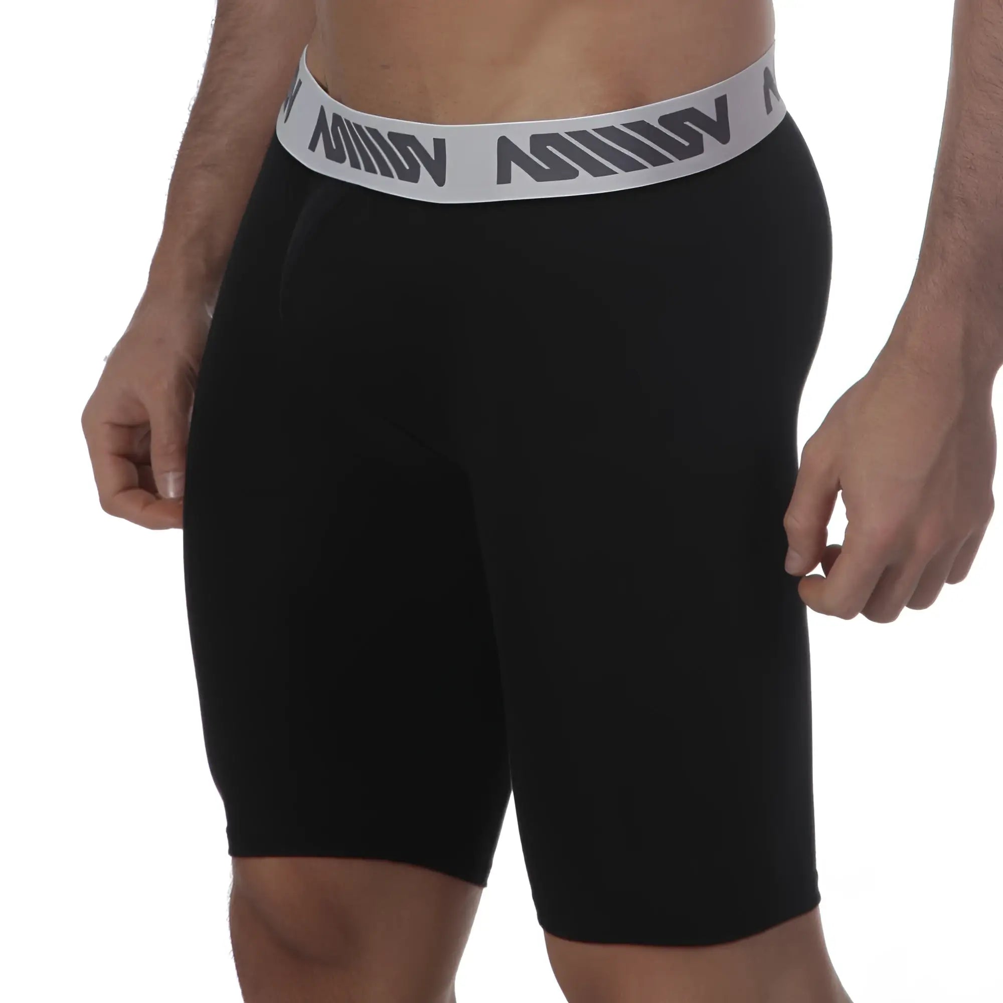 Black athletic shorts with gray mimov logo waistband from MetroMaleWear Uphole Long Boxer Black 3031-20 collection