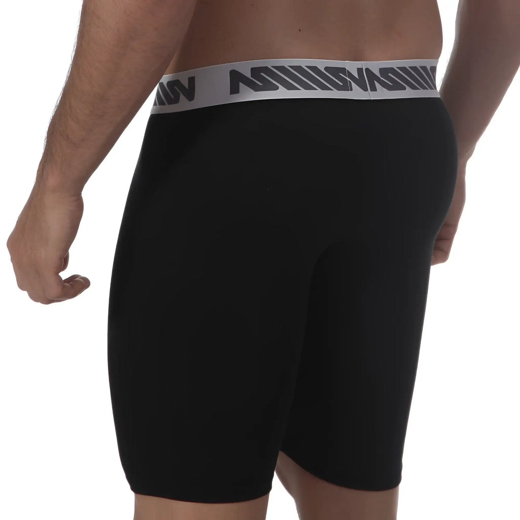 Black mens athletic briefs metro male wear uphole long boxer black 3031-20 with gray waistband and bold logo