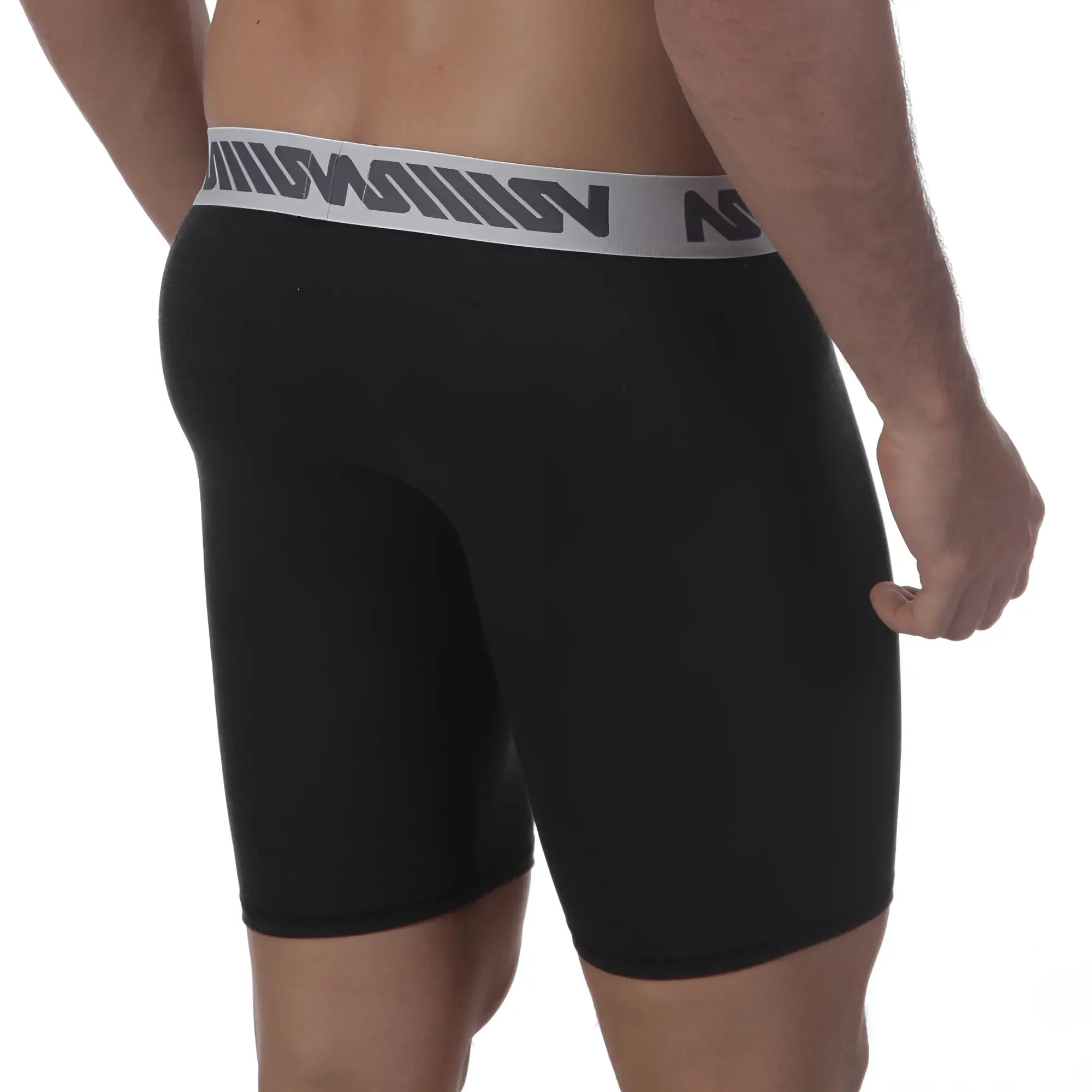 Black men’s boxer briefs with gray elastic waistband and bold repeating logo pattern metroMaleWear Uphole Long Boxer Heather 3031-11