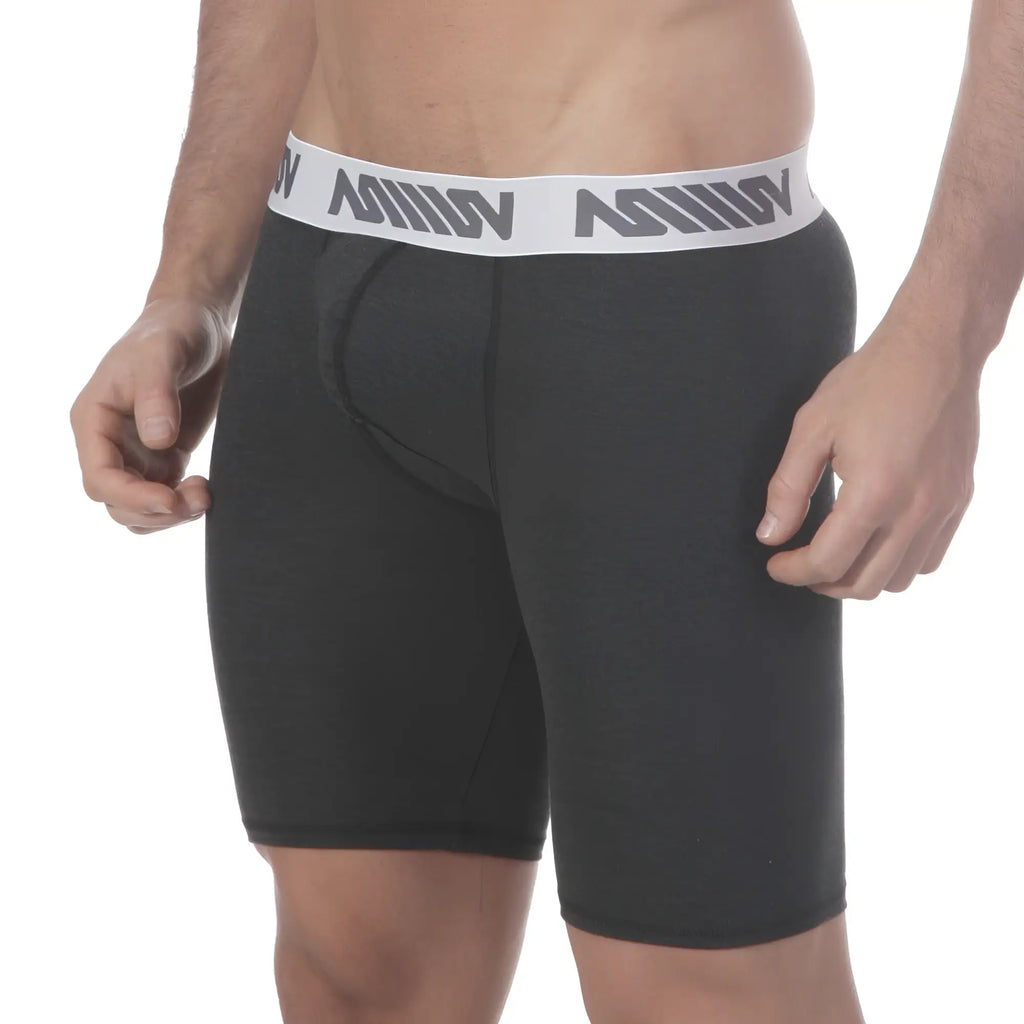 Black men’s boxer briefs with a white elastic waistband featuring gray million branding in MetroMaleWear Uphole Long Heather design