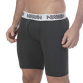 Black men’s boxer briefs with a white elastic waistband featuring gray million branding in MetroMaleWear Uphole Long Heather design