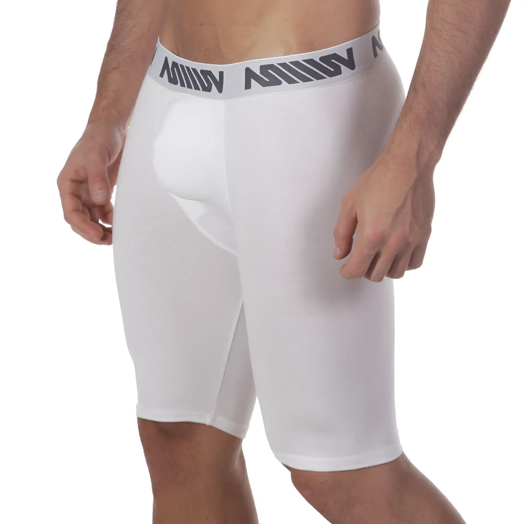 White athletic shorts with gray waistband featuring million logo in black from metromalewear uphole long boxer 3031-00