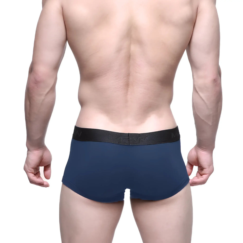 Navy blue men’s briefs with black elastic waistband featuring MetroMaleWear logo in Uphole short boxer design