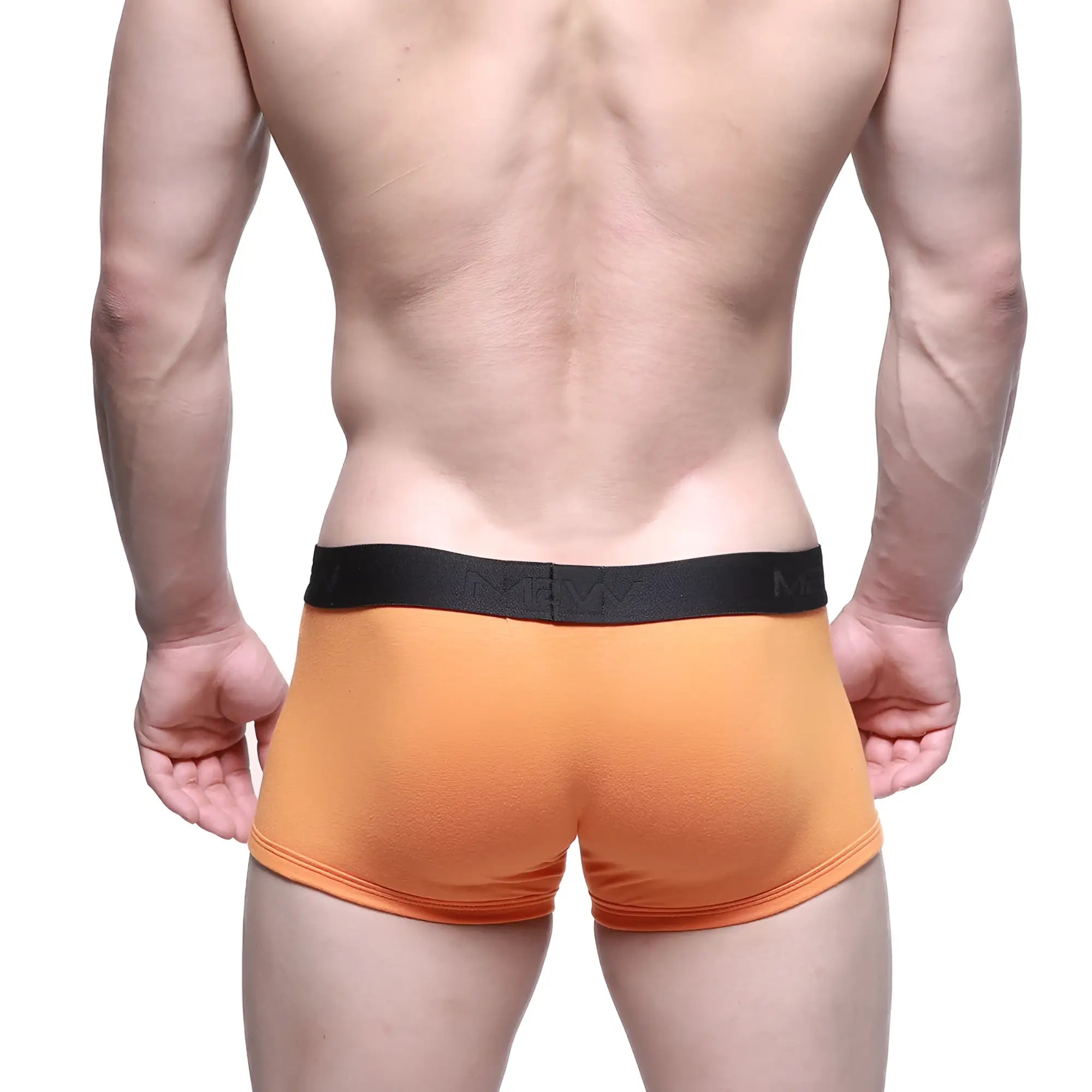 Orange MetroMaleWear Uphole short boxer briefs with black elastic waistband featuring men branding in white letters