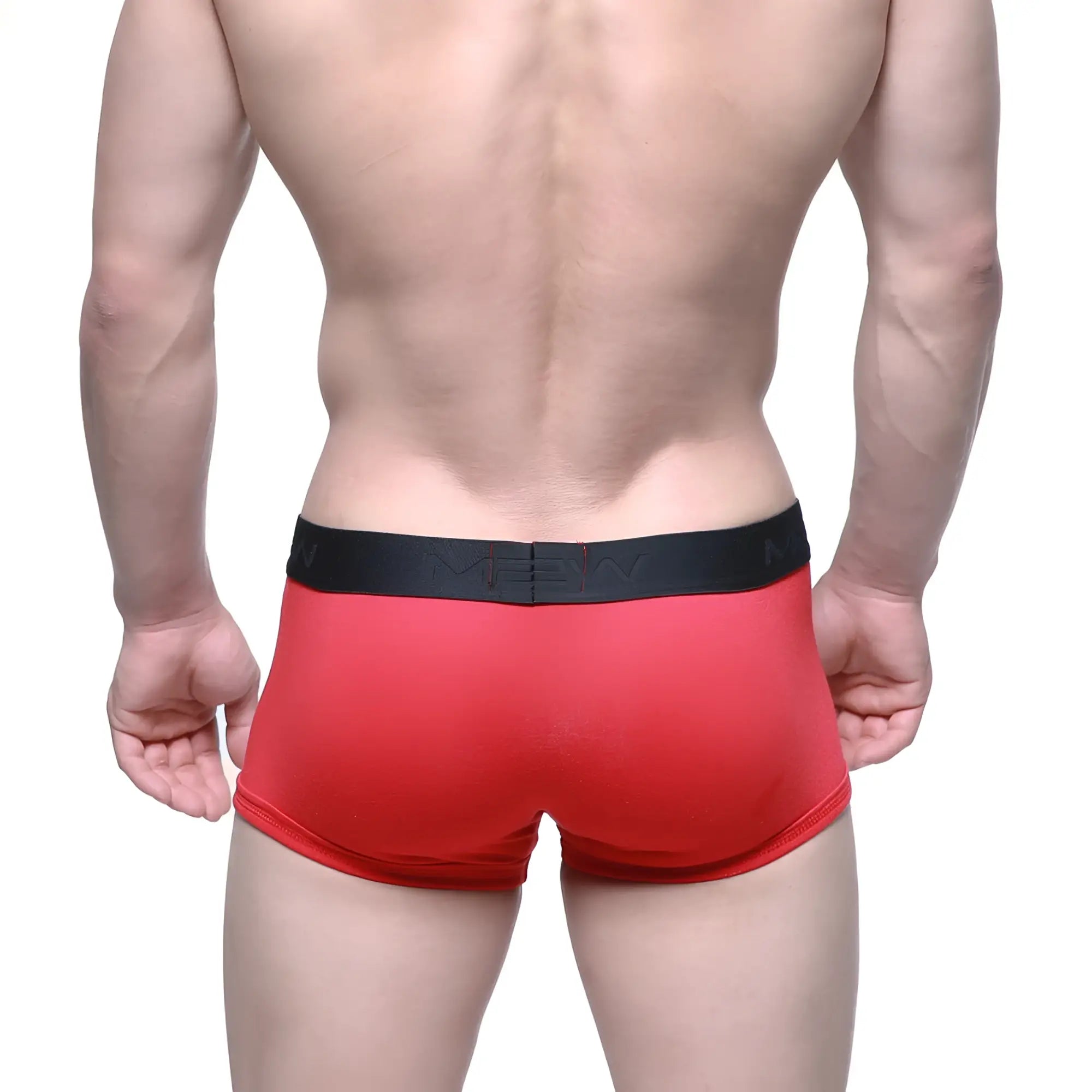 Red men’s briefs with black elastic waistband and white men branding from MetroMaleWear Uphole Short Boxer 3030-12