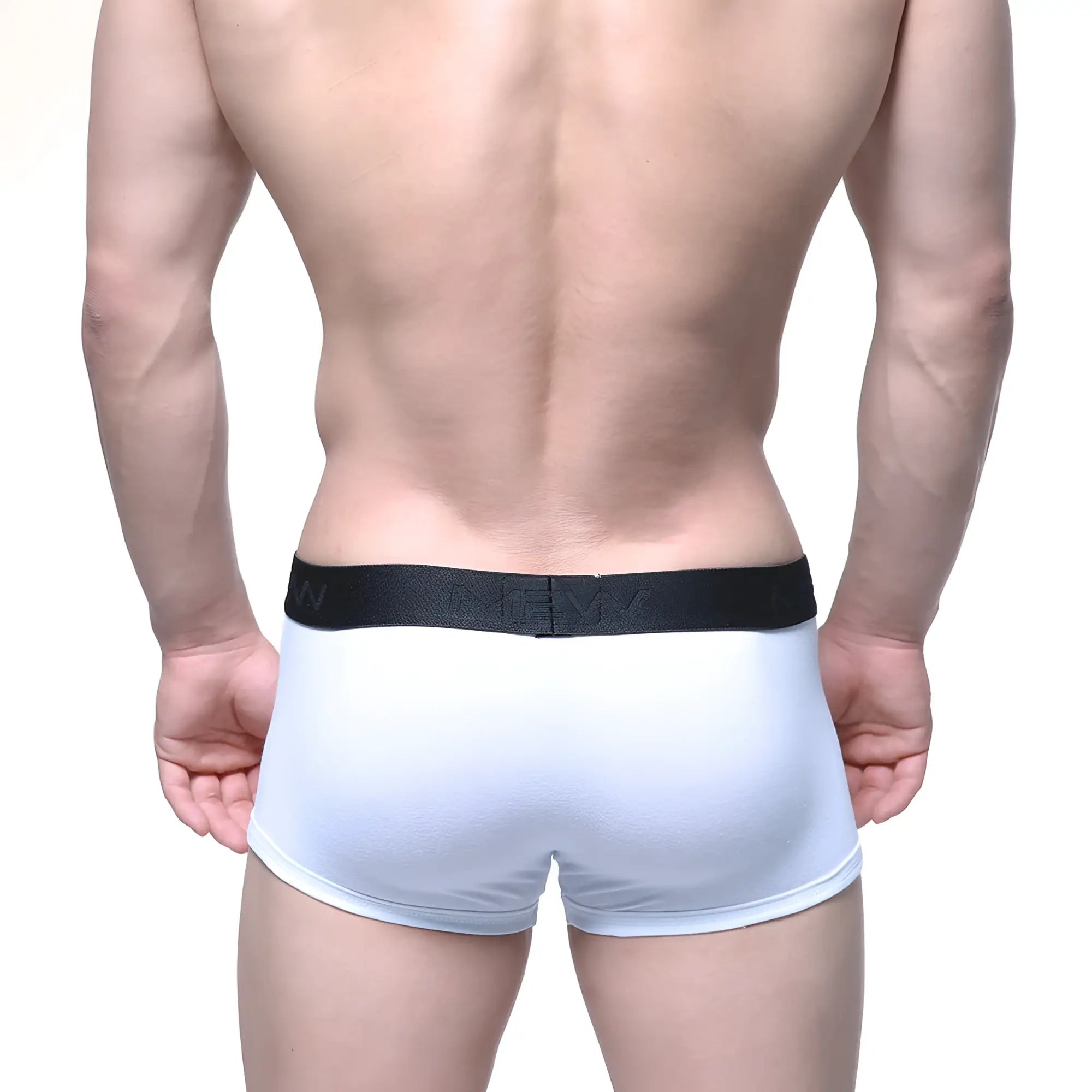 White metro malewear uphole short boxer briefs with black elastic waistband and raised nexy branding