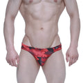 Red and black camouflage men’s briefs with small MetroMaleWear logo on waistband urban camo bikini 5103-M90