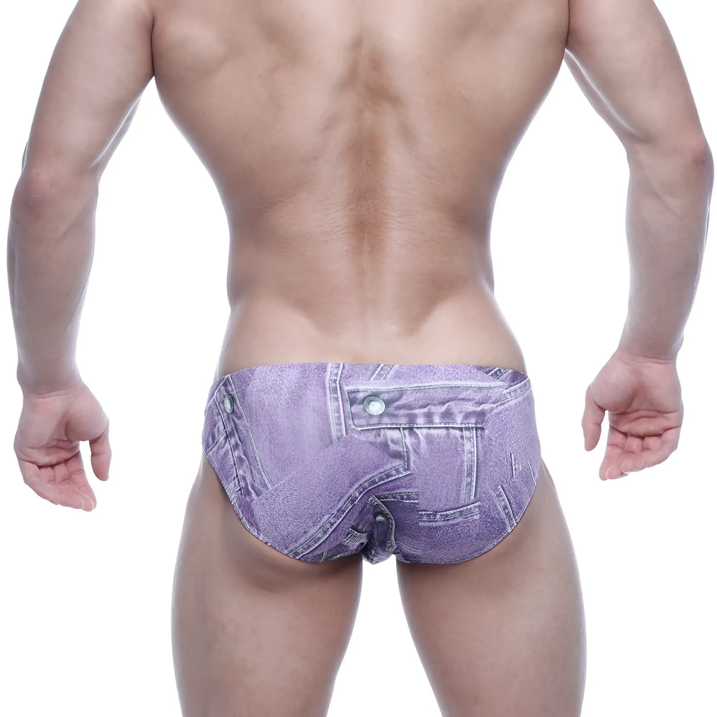 Purple denim-patterned men’s briefs with button and zipper detail from MetroMaleWear Vasco Hip Brief Denim Purple 5103-69
