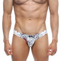 White briefs with black and red floral pattern and small logo on waistband metro male wear vasco hip brief escobar 5103-09