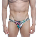 A vibrant patterned mens brief metroMalewear Vasco Hip Brief Fenrir 5103-79 with pink teal and black abstract designs on white