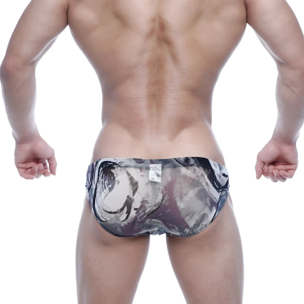 MetroMalewear vasco hip brief grass 5103-71 black and gray abstract swirl mesh swim trunks front view