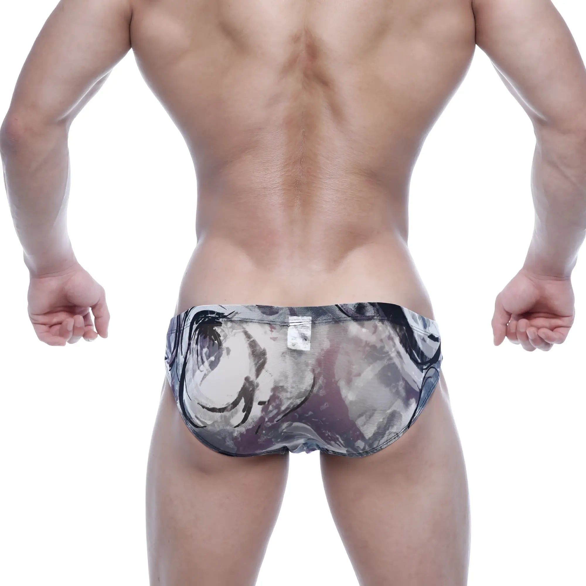 MetroMalewear vasco hip brief grass 5103-71 black and gray abstract swirl mesh swim trunks front view