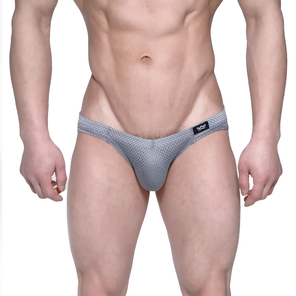 Gray mesh metro malewear vasco hip brief with black logo tag on waistband for breathable men’s underwear