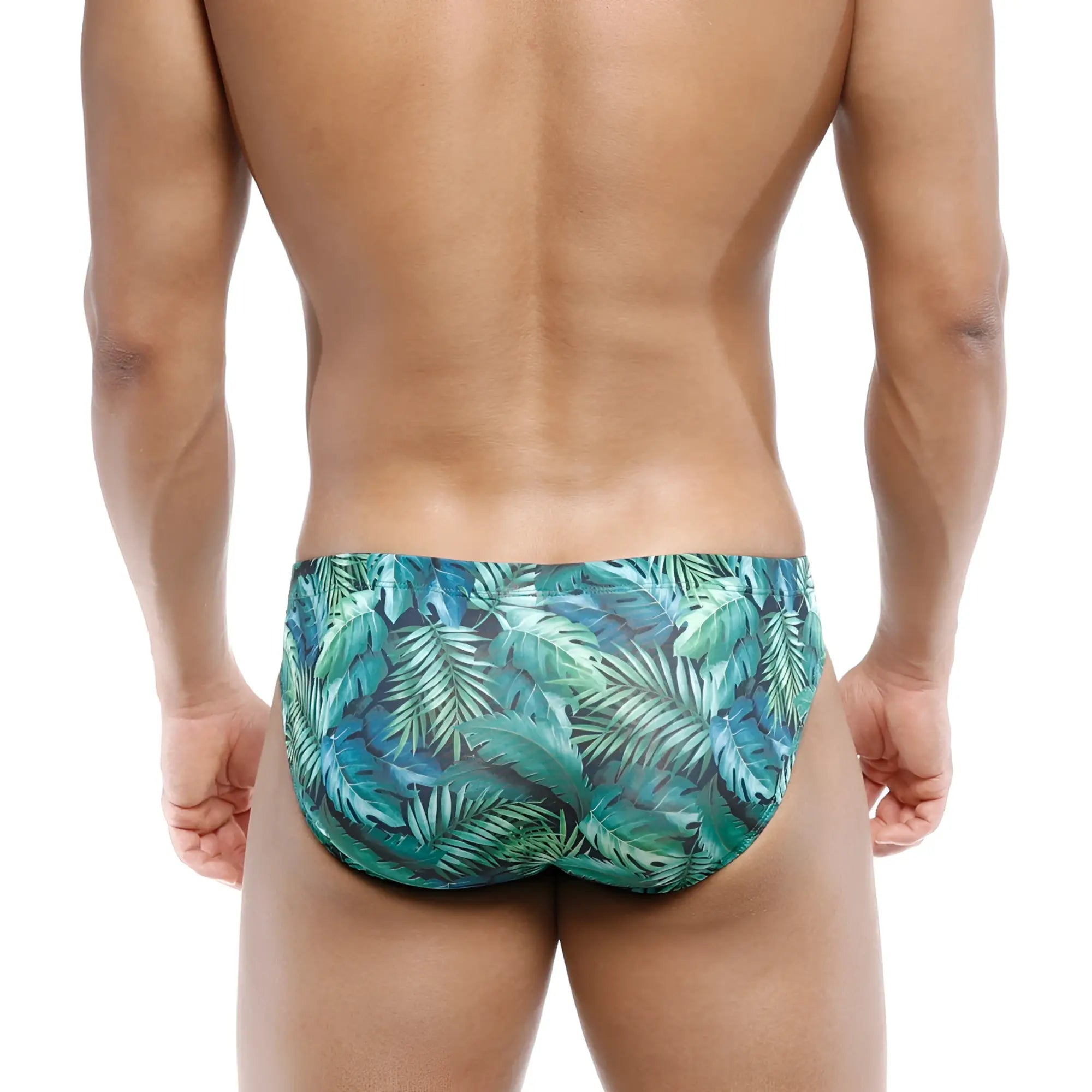MetroMaleWear Vasco Hip Brief Jungle swim trunks in teal and green with tropical leaf pattern for casual beachwear