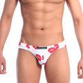 White mens briefs with bold red lipstick print and metromalewear label metro malewear vasco hip brief kiss white 5103-66