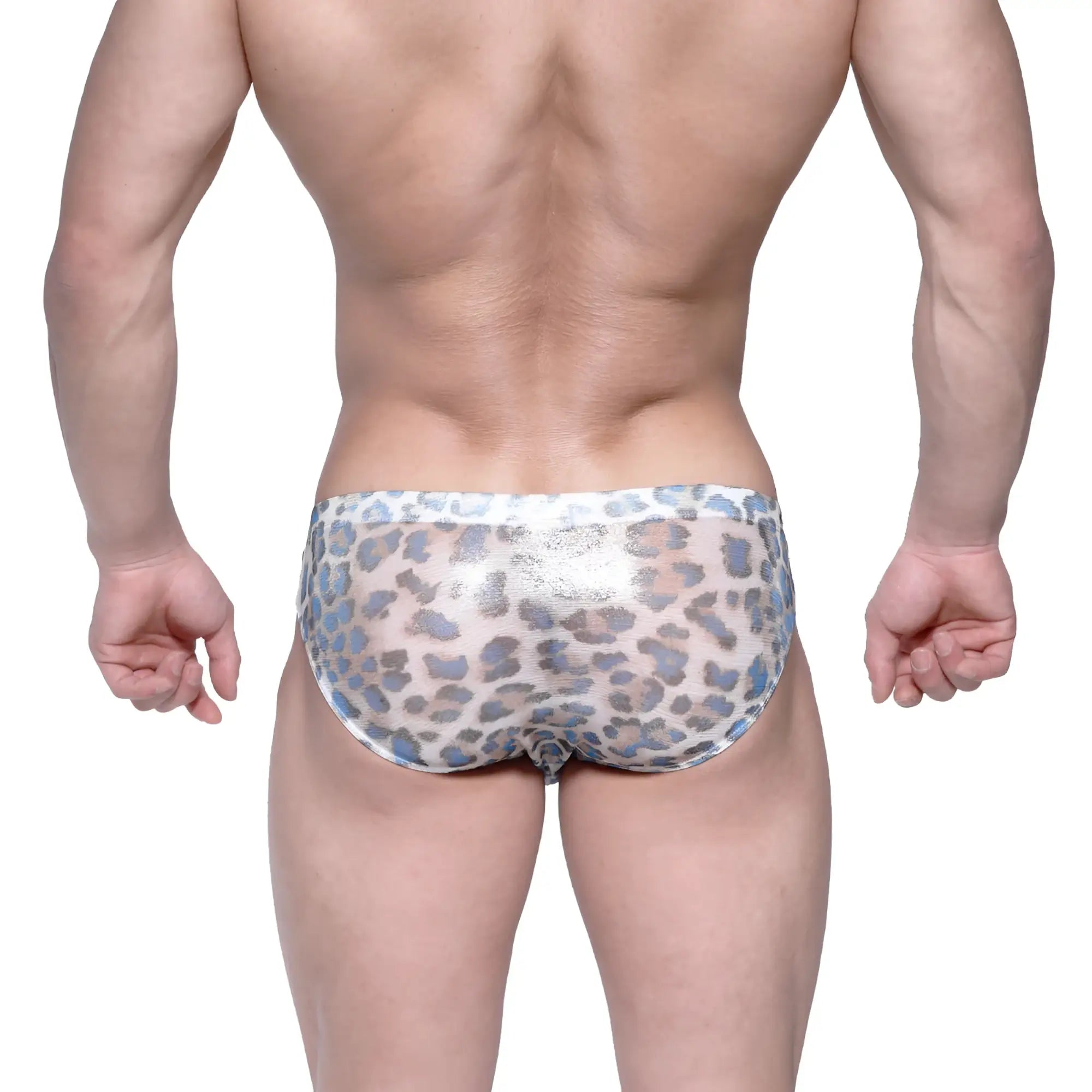 Shiny silver and blue leopard-print metro malewear vasco hip briefs made of stretch fabric for men