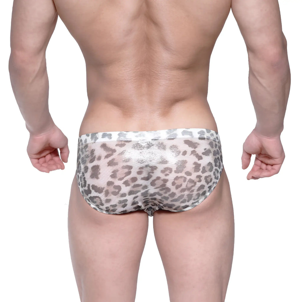 Gray and white leopard-print mesh briefs metroMalewear vasco hip brief leopard yellow 5103-72 front view
