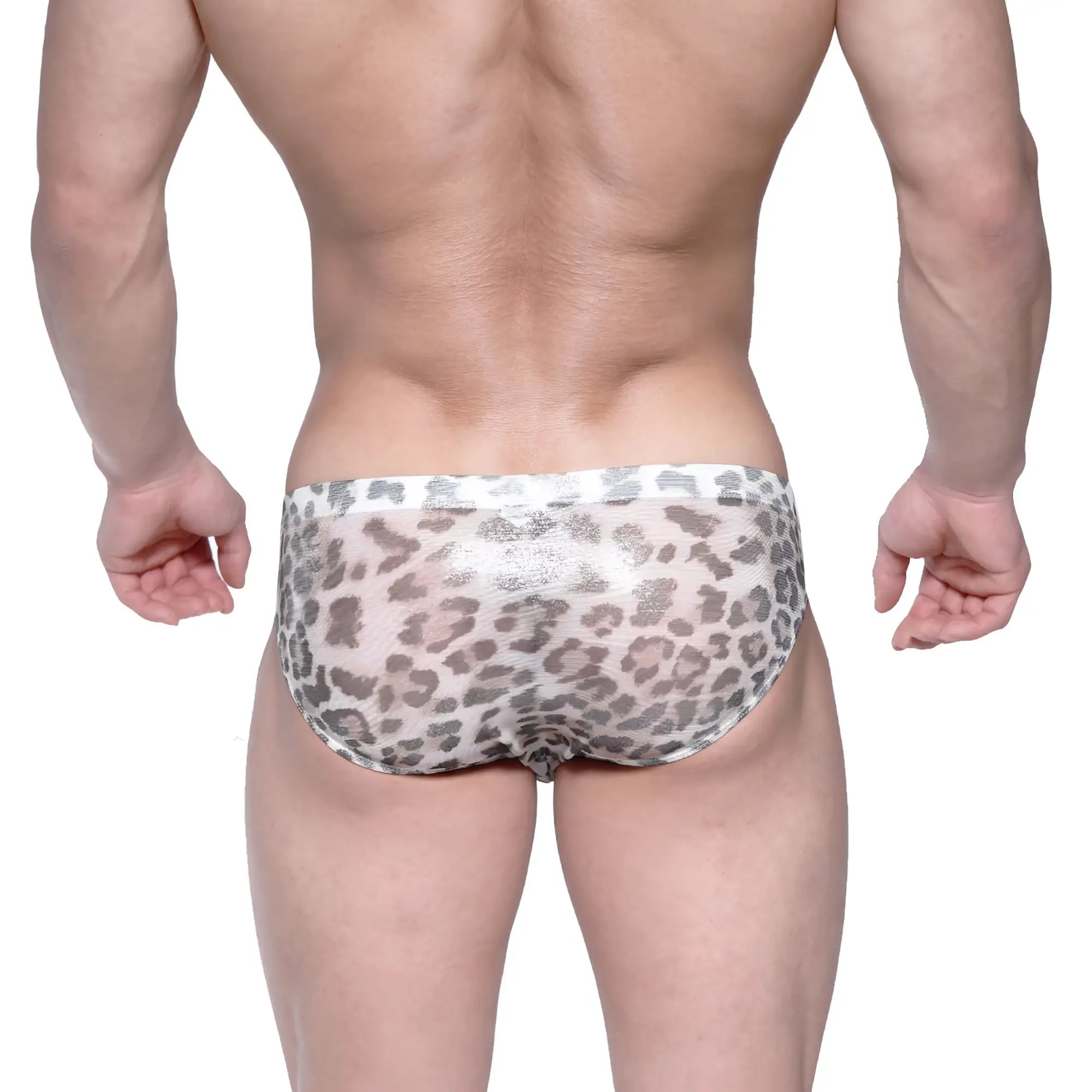 Gray and white leopard-print mesh briefs metroMalewear vasco hip brief leopard yellow 5103-72 front view