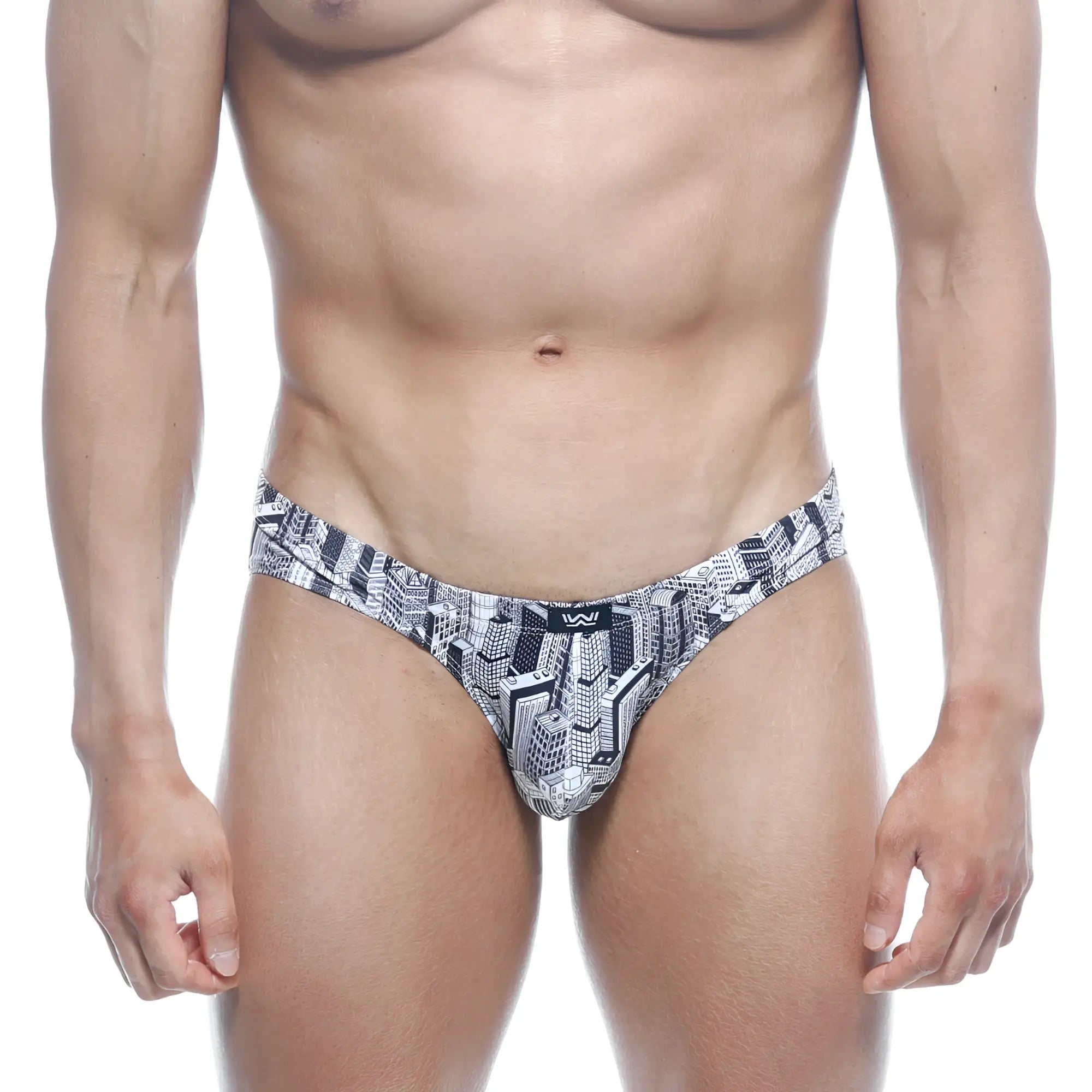 Black and white cityscape-patterned metro 5103-48 vasco hip briefs with sleek modern design by metromalewear