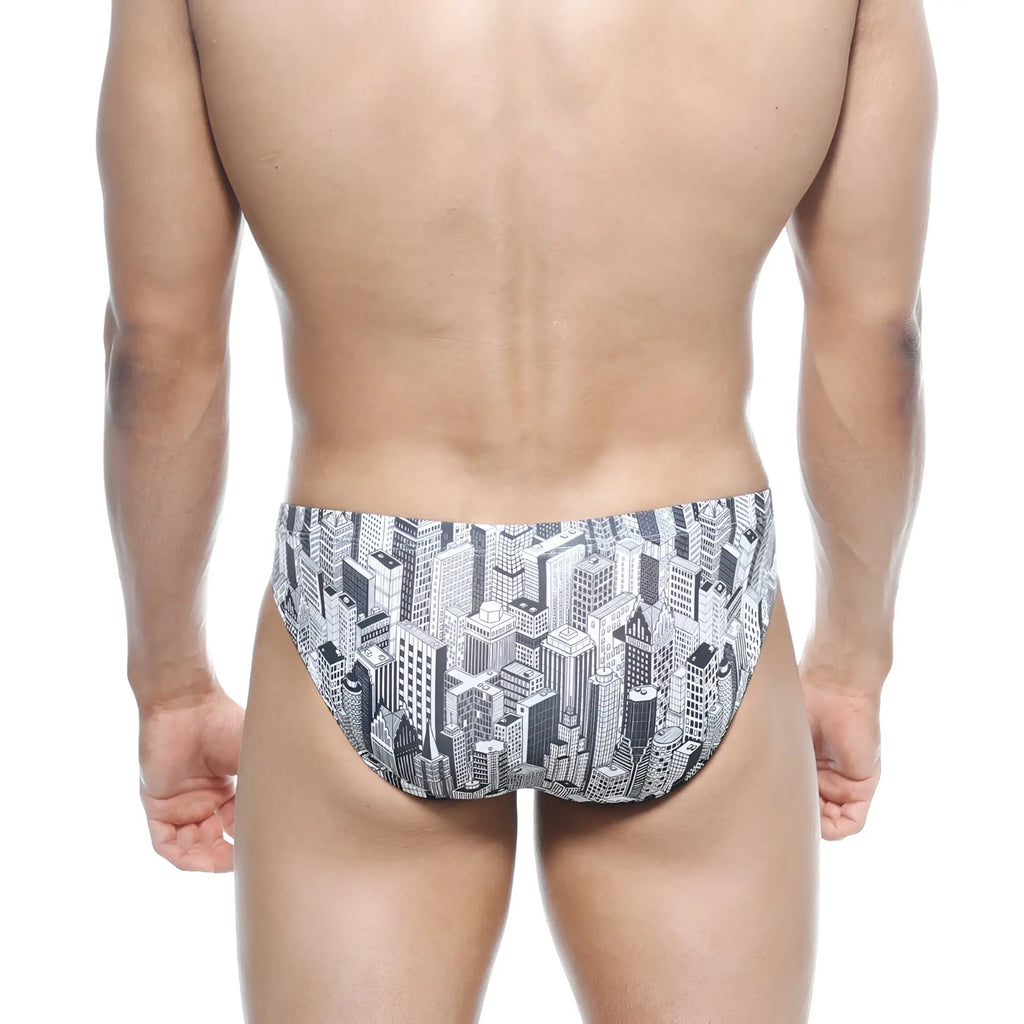 Black and white illustrated cityscape patterned swim trunks metro male wear vasco hip brief metro 5103-48