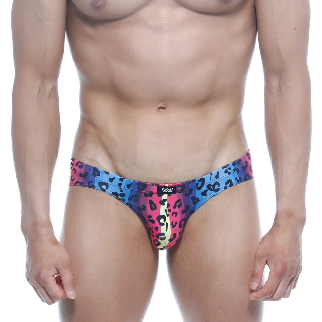 MetroMalewear vasco hip brief neon 5103-05 vibrant multicolored leopard-print with pink blue and yellow gradient design