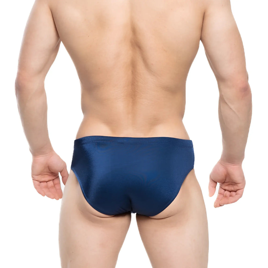Navymalever versity swim brief navy 4998-28 in navy blue satin showing front design for versatile swimwear use