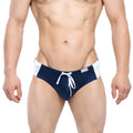 MetroMaleWear Versity swim brief navy 4998-28 features navy blue and white swim trunks with drawstring waistband and zipper closure