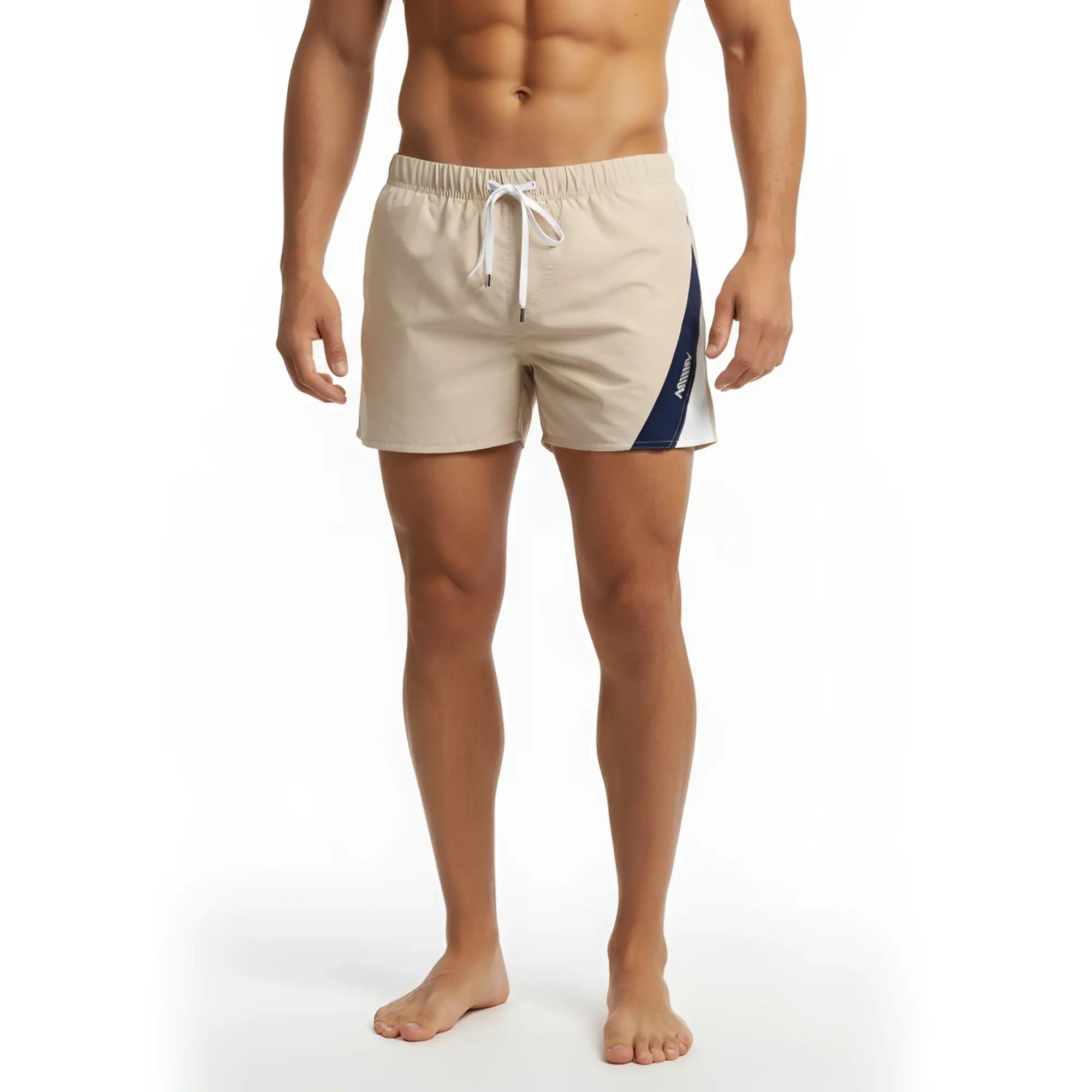 Beige swim trunks metroMalewear Viena short 4715-04 with navy and white diagonal stripe elastic waistband and drawstrings