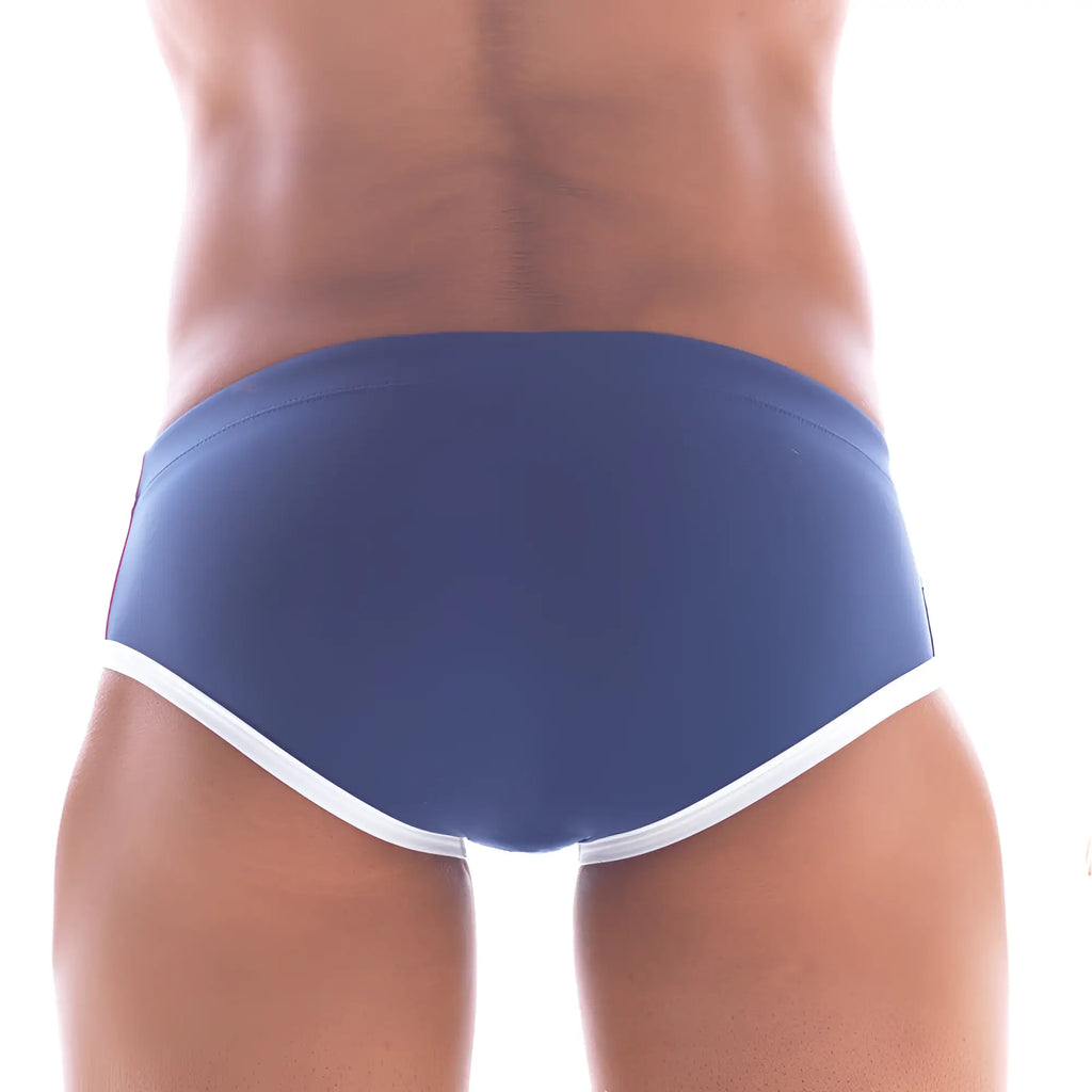 Navy blue metro male wear wave swim briefs with white trim designed for comfortable swimming and water activities