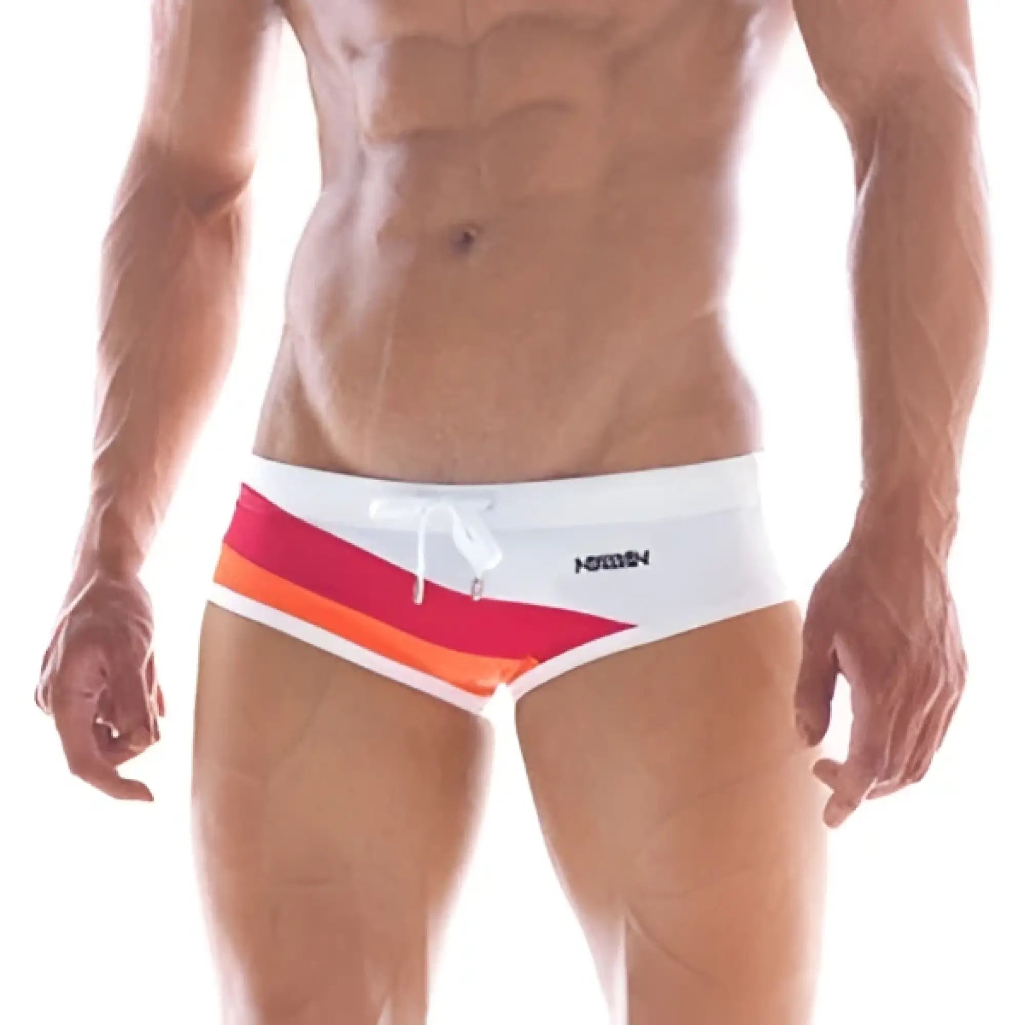 White swim trunks by MetroMaleWear with a vibrant red orange and yellow striped waistband for stylish beachwear
