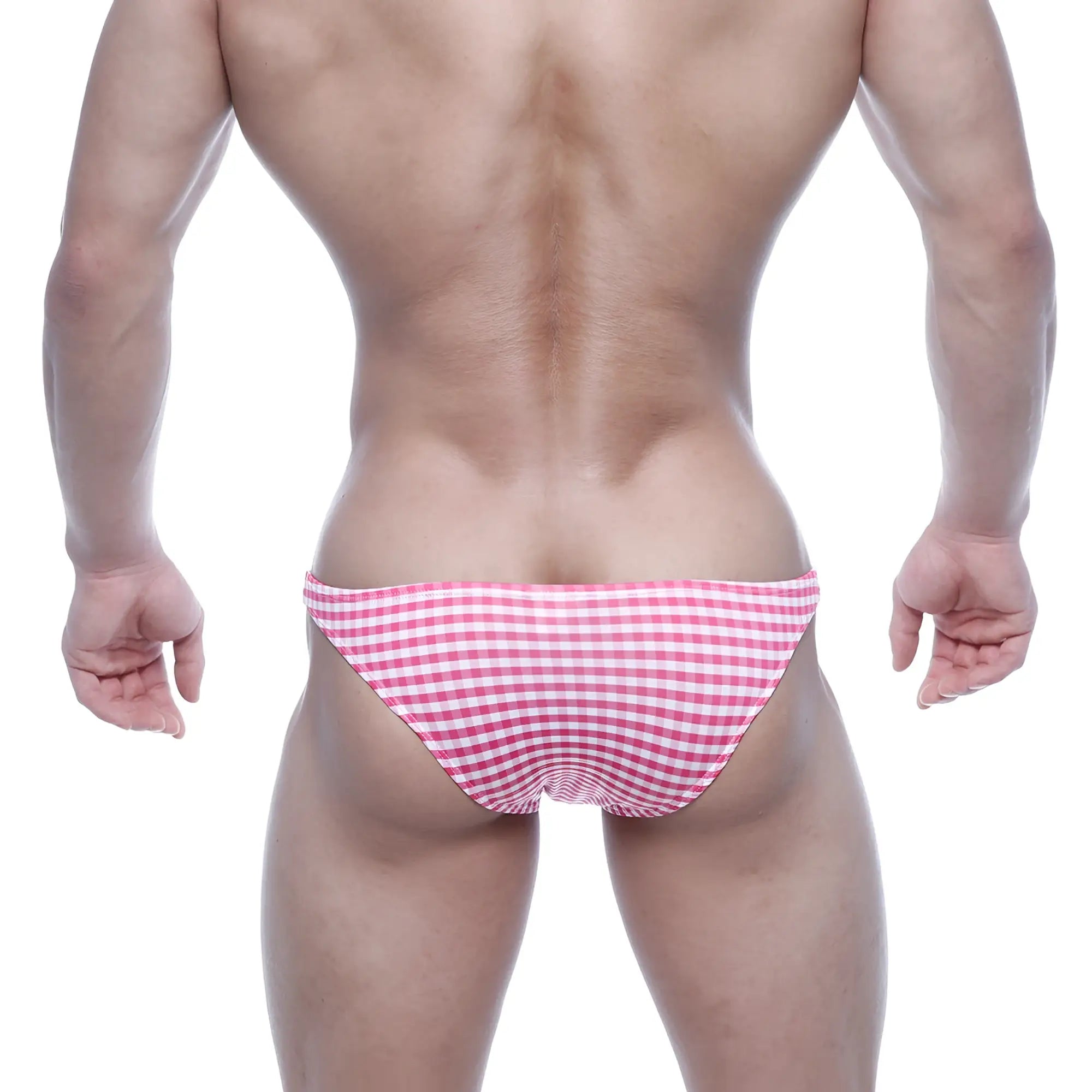 Pink and white gingham patterned briefs metro male wear xtreme bikini pink plaid 6005-42 front view
