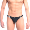 Black mens briefs with white striped side panels and a small red MetroMaleWear brand tag in xtreme bikini style