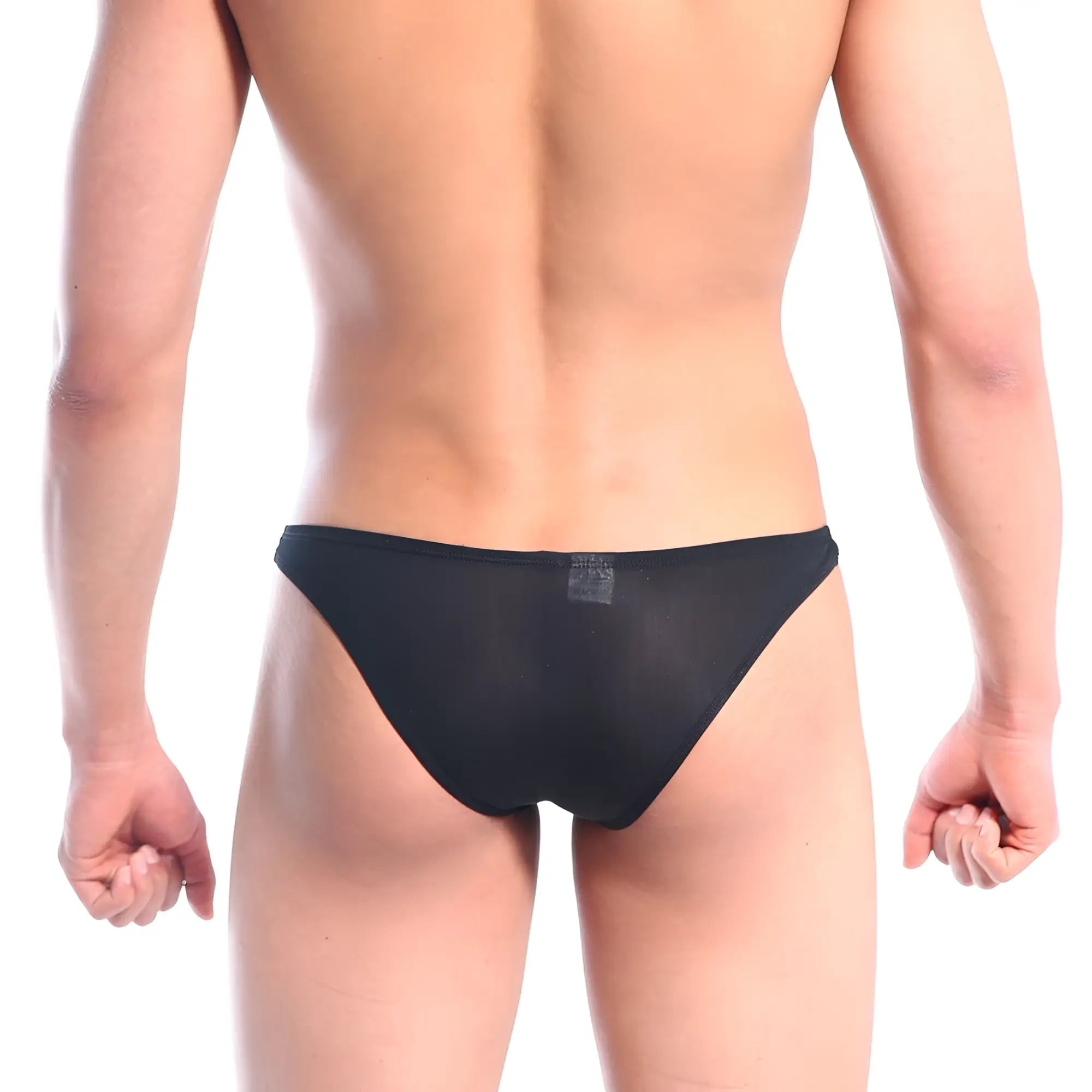 Back view of metromalewear xtreme bikini white 6005-00 black mesh briefs with subtle sheen and small rectangular label