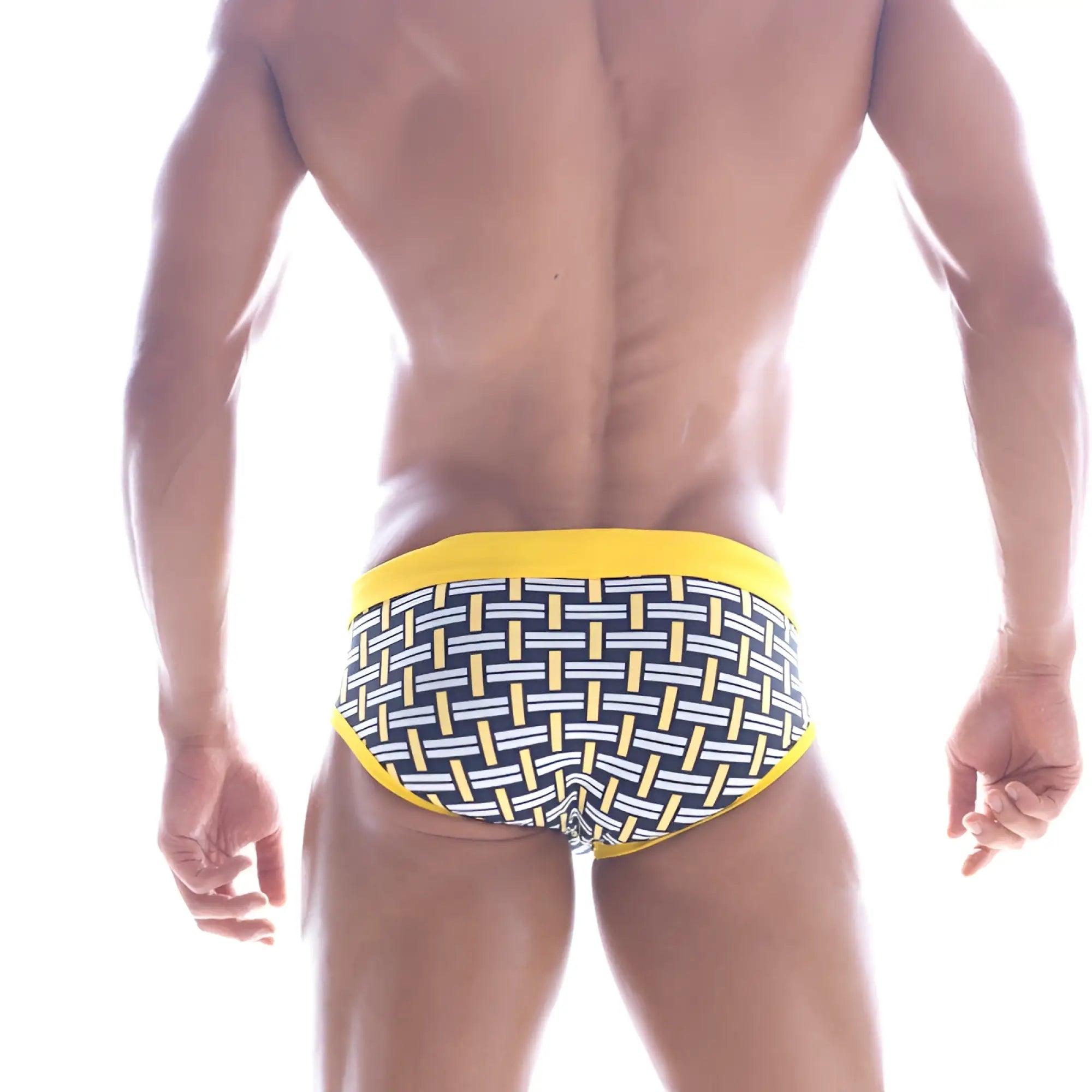 MetroMaleWear yellow colander swim brief 4916-31 featuring yellow and black patterned woven swim trunks design
