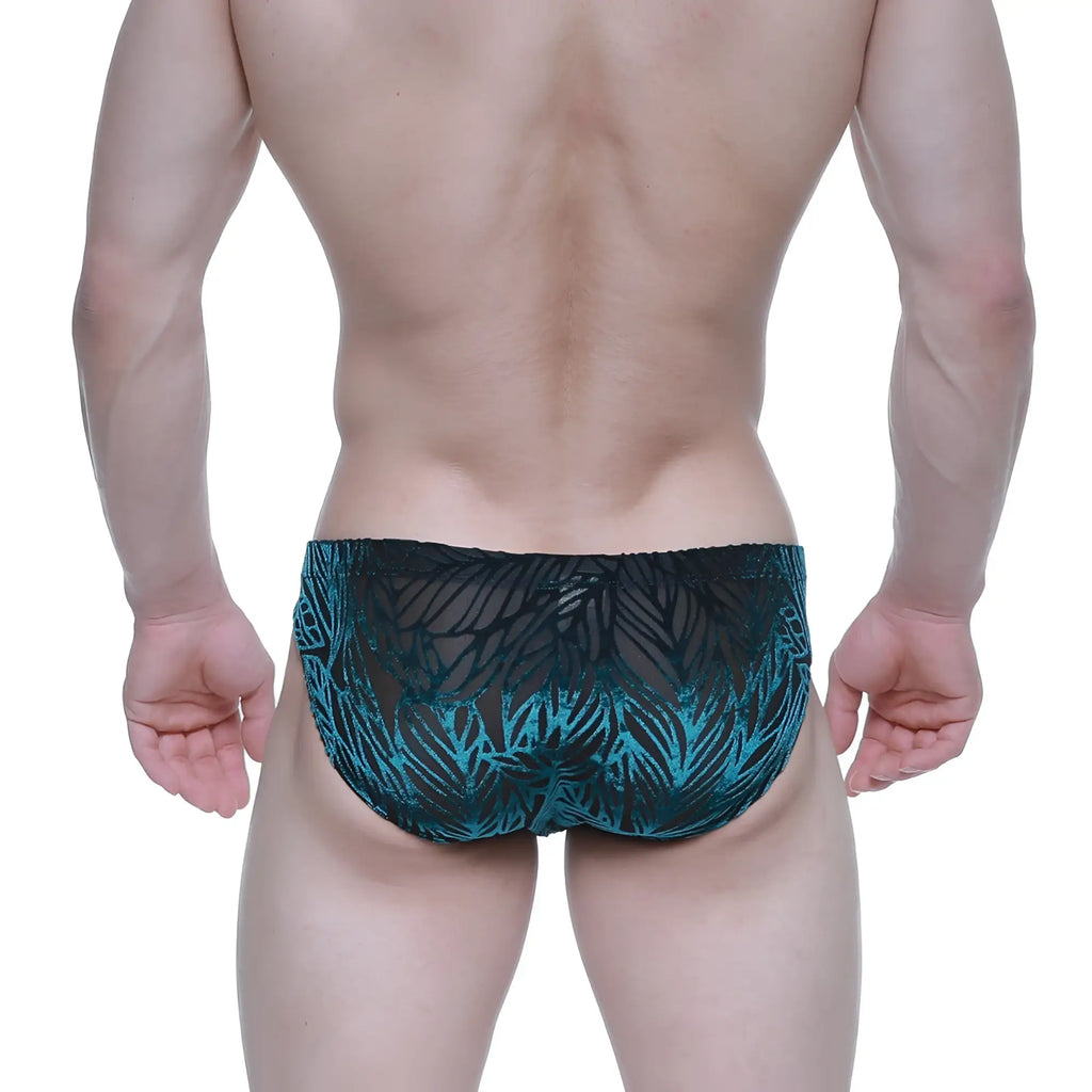 MetroMalewear Zafiro bikini 5103-M67 teal and black leaf-patterned mesh swim trunks front view