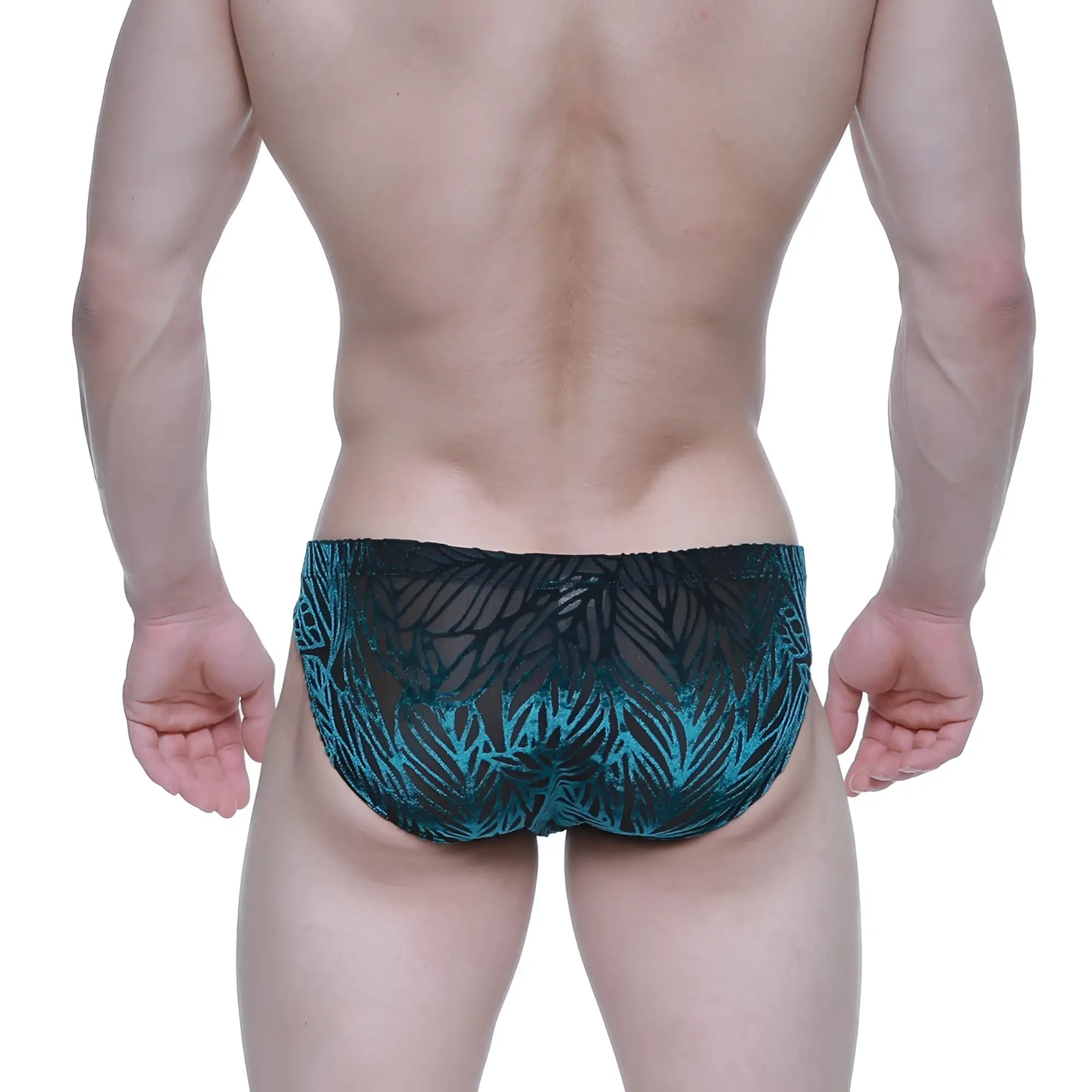 MetroMalewear Zafiro bikini 5103-M67 teal and black leaf-patterned mesh swim trunks front view