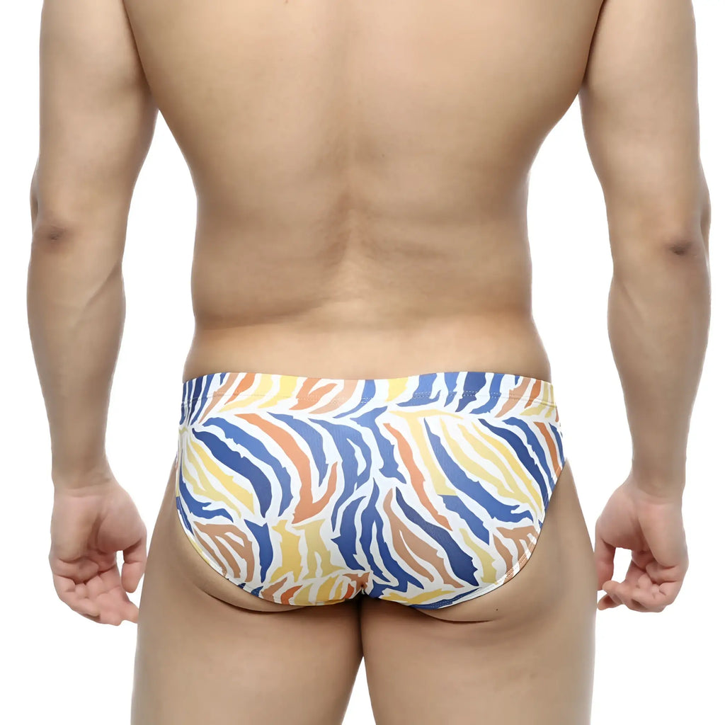 MetroMaleWear zebra bikini 5103-38 vibrant blue yellow and orange striped swim trunks with bold pattern