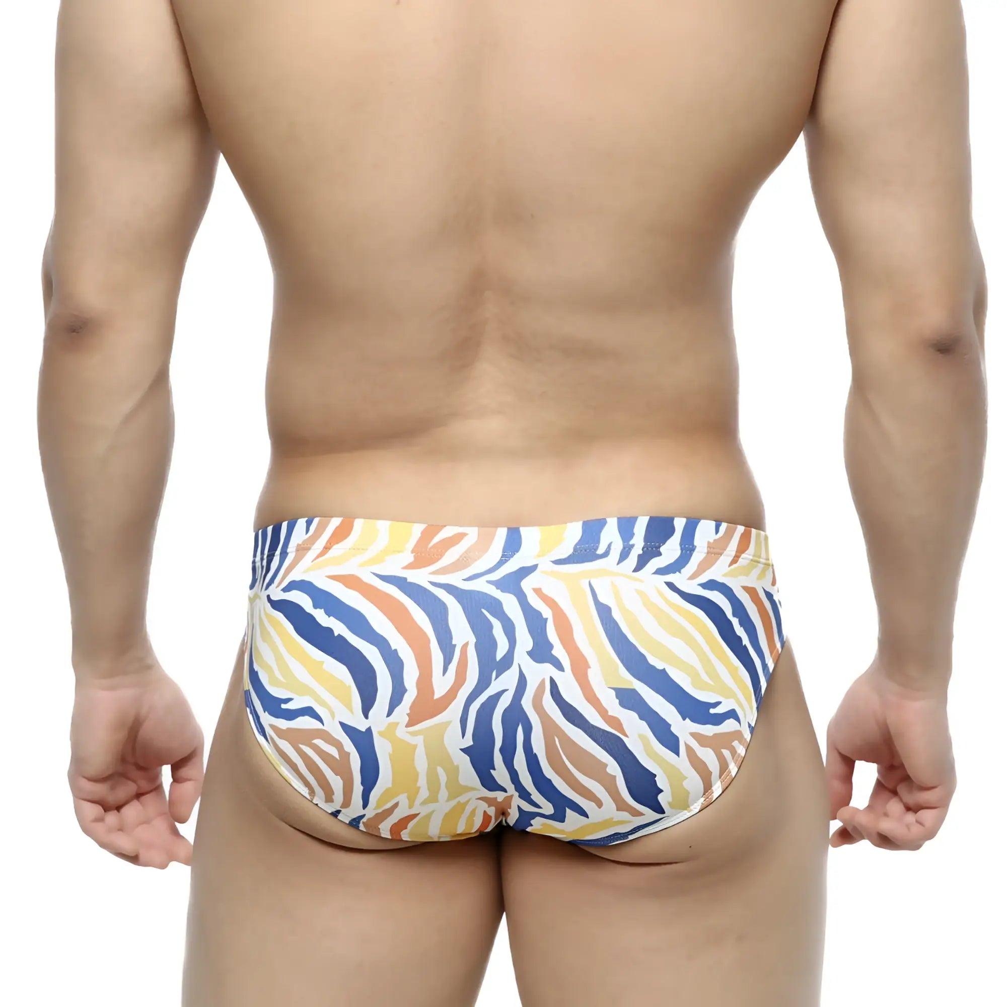 MetroMaleWear zebra bikini 5103-38 vibrant blue yellow and orange striped swim trunks with bold pattern