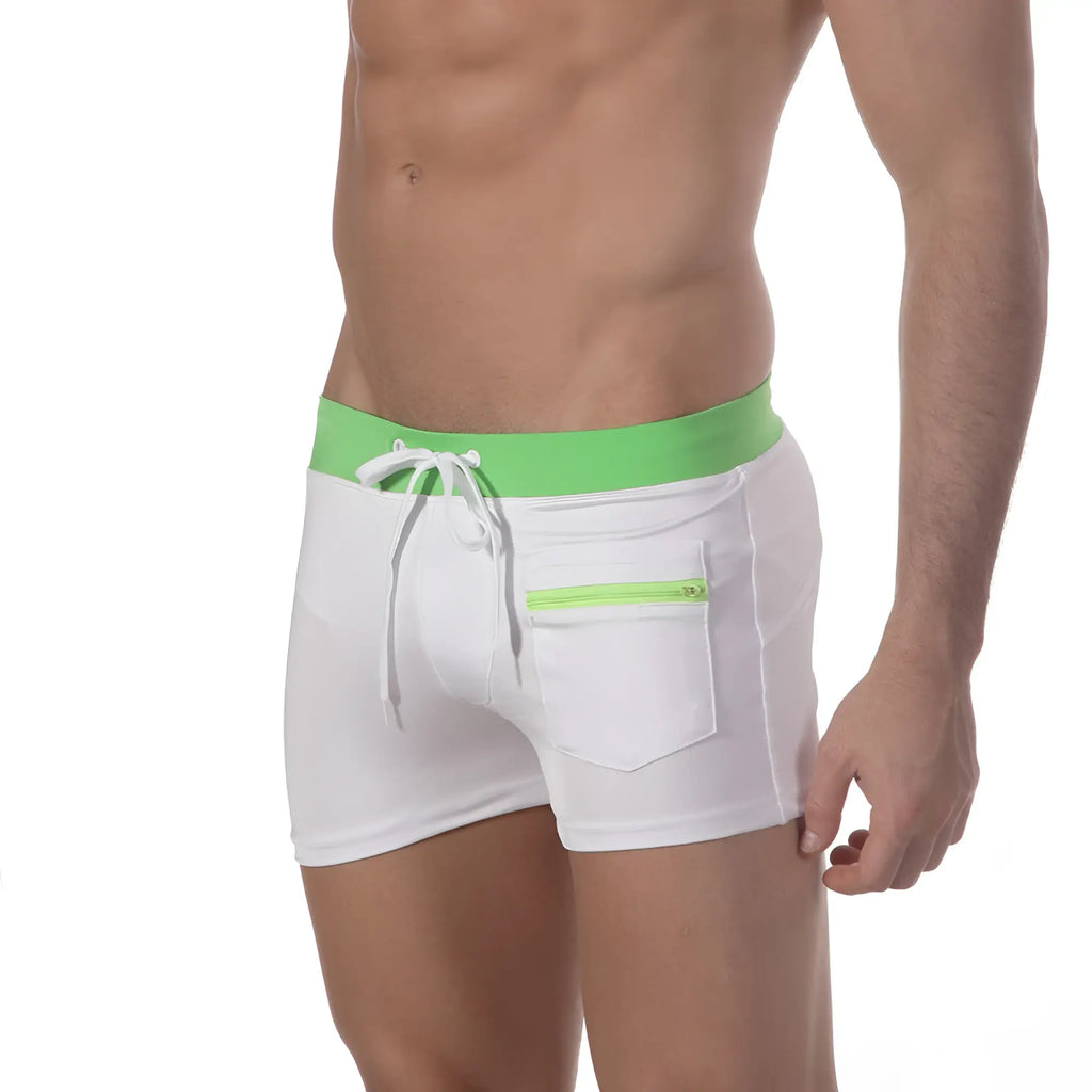 MetroMaleWear zipper swim boxer green 4912-07 white trunks with bright green waistband and matching zipper pocket