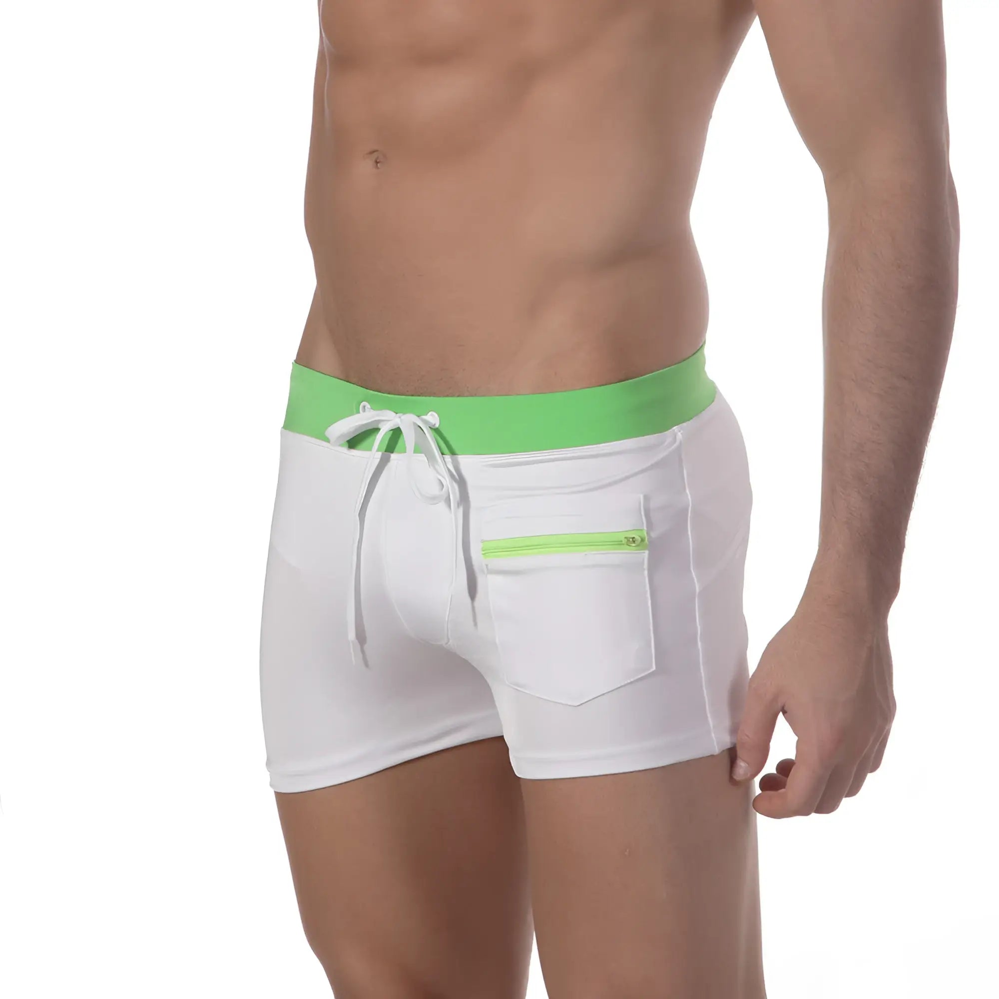 MetroMaleWear zipper swim boxer green 4912-07 white trunks with bright green waistband and matching zipper pocket