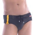 Black MetroMaleWear zipup swim brief with bold yellow side zipper and silver-toned drawstring ties for swimming