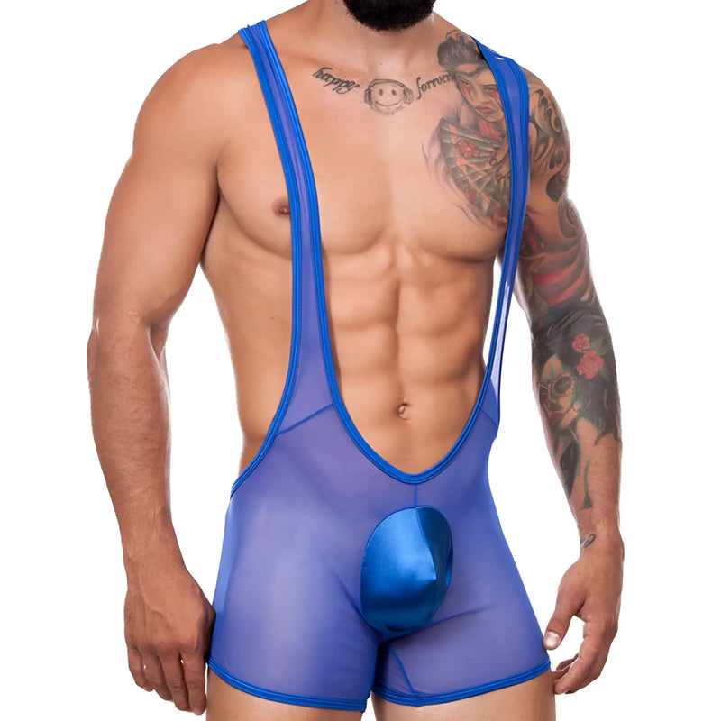 Blue sheer wrestling singlet with shiny blue satin pouch front from miami jock mj030824 exalting sagacity bodysuit