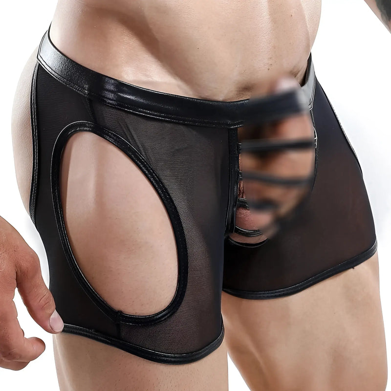 Black mesh miami jock MJE034 jockstrap with shiny faux leather waistband and cutout design