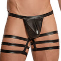 Black patent leather Miami Jock MJE049 jockstrap with three horizontal straps on each leg showing the front side